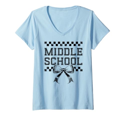 Damen Kokette Schleife Preppy Mittelschule Mädchen Einschulung T-Shirt mit V-Ausschnitt Damen Kokette Schleife Preppy Mittelschule Mädchen Einschulung T-Shirt mit V-Ausschnitt von Leveled Up to Middle School Girly Back to School