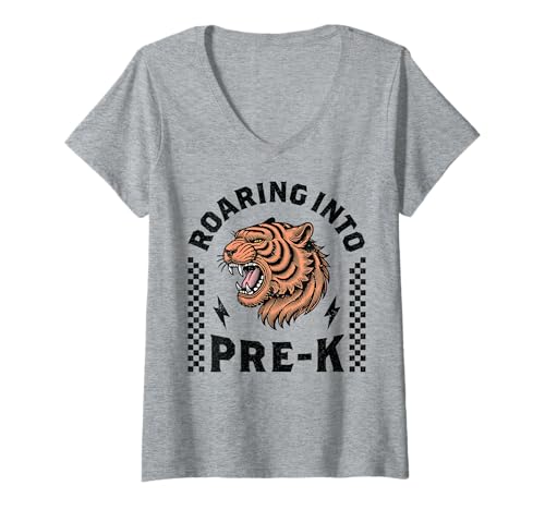 Damen Roaring Into Pre-K Tiger I'm Ready for Pre K Boy Girl Funny T-Shirt mit V-Ausschnitt von Leveled Up to PreK Dinosaur Tiger First Day School
