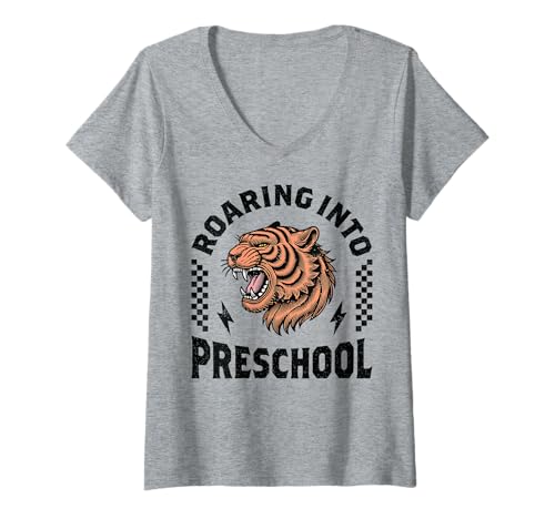 Damen Roaring Into Preschool Tiger Kid I'm Ready for Preschool Boy T-Shirt mit V-Ausschnitt Damen Roaring Into Preschool Tiger Kid I'm Ready for Preschool Boy T-Shirt mit V-Ausschnitt von Leveled Up to Preschool Tiger First Day of School