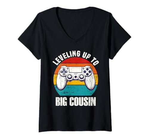 Damen Leveling Up to Big Cousin Lustiger Cousin Video Gamer Vintage T-Shirt mit V-Ausschnitt von Leveling Up To Big Cousin New Future Big Cousin