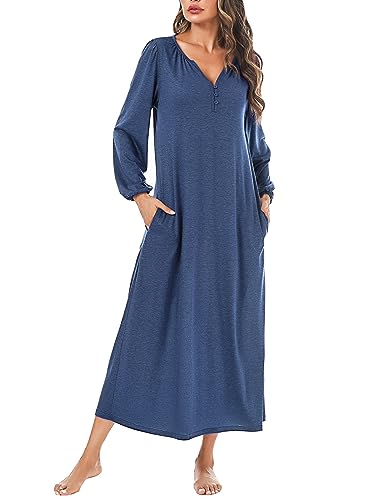 Leversic Nachthemd Damen Langarm mit Laternenärmeln, Elegantes Sleepshirt Nachtwäsche mit Knopfleiste und Taschen, Nachthemd Damen Lang, 882-Dunkelblau, L von Leversic