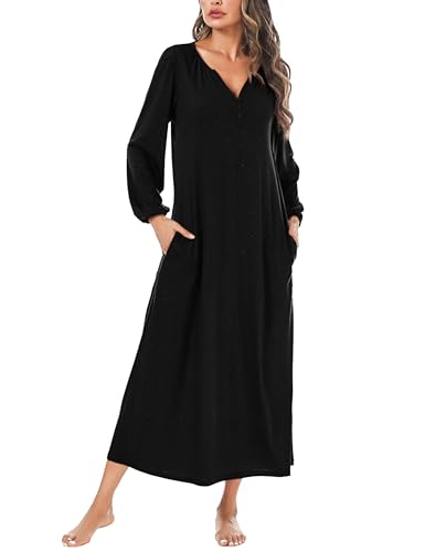 Leversic Nachthemd Damen Langarm mit Laternenärmeln, Elegantes Sleepshirt Nachtwäsche mit Knopfleiste und Taschen, Nachthemd Damen Lang, 882-Schwarz, M von Leversic