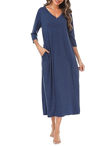 Leversic 3/4 Ärmel Nachthemd Damen Lang aus Baumwolle Sommer Sleepshirt Nachtkleid Stillnachthemd mit Taschen, Dunkelblau, M von Leversic