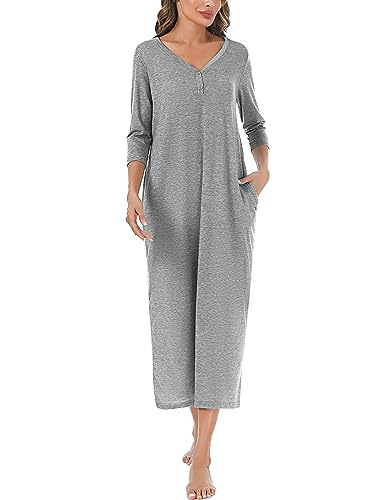 Leversic 3/4 Ärmel Nachthemd Damen Lang aus Baumwolle Sommer Sleepshirt Nachtkleid Stillnachthemd mit Taschen, Grau, L von Leversic