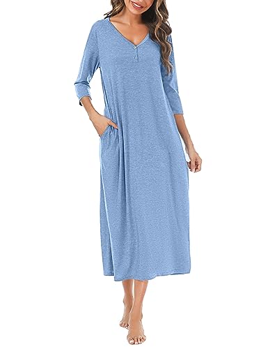 Leversic 3/4 Ärmel Nachthemd Damen Lang aus Baumwolle Sommer Sleepshirt Nachtkleid Stillnachthemd mit Taschen, Hellblau, L von Leversic