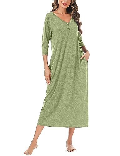 Leversic 3/4 Ärmel Nachthemd Damen Lang aus Baumwolle Sommer Sleepshirt Nachtkleid Stillnachthemd mit Taschen, Hellgrün, M von Leversic