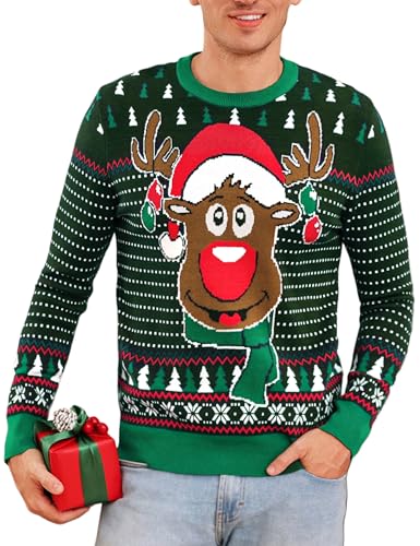 Leversic Hässliche Weihnachtspullover Herren Ugly Christmas Sweater Rentier Schneeflocken Lustige Weihnachtspulli Warme Strickpulli für Männer, Grün, XL von Leversic