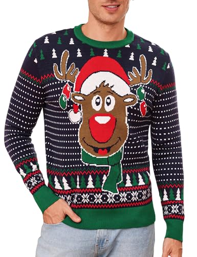 Leversic Hässliche Weihnachtspullover Herren Ugly Christmas Sweater Rentier Schneeflocken Lustige Weihnachtspulli Warme Strickpulli für Männer, Navy Blau, XXL von Leversic