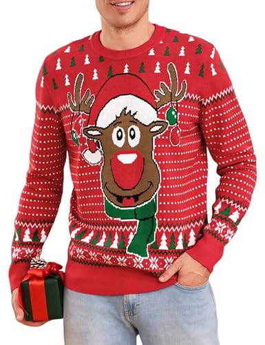 Leversic Hässliche Weihnachtspullover Herren Ugly Christmas Sweater Rentier Schneeflocken Lustige Weihnachtspulli Warme Strickpulli für Männer, Rot, L von Leversic