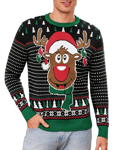 Leversic Hässliche Weihnachtspullover Herren Ugly Christmas Sweater Rentier Schneeflocken Lustige Weihnachtspulli Warme Strickpulli für Männer, Schwarz, L von Leversic