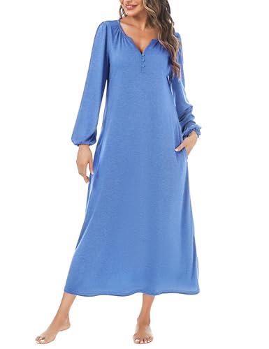 Leversic Nachthemd Damen Langarm mit Laternenärmeln, Elegantes Sleepshirt Nachtwäsche mit Knopfleiste und Taschen, Nachthemd Damen Lang, 882-Blau, S von Leversic