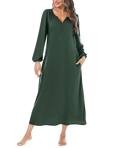 Leversic Nachthemd Damen Langarm mit Laternenärmeln, Elegantes Sleepshirt Nachtwäsche mit Knopfleiste und Taschen, Nachthemd Damen Lang, 882-Grün, L von Leversic