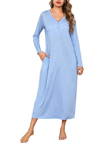 Leversic Nachthemd Damen lang Baumwolle mit Knopfleiste Nachtkleid Schlafshirt Langarm Winter Stillnachthemd Morgenmantel Maxikleid mit Taschen, 1017-Blau, M von Leversic