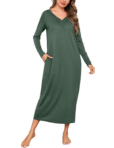 Leversic Nachthemd Damen lang Baumwolle mit Knopfleiste Nachtkleid Schlafshirt Langarm Winter Stillnachthemd Morgenmantel Maxikleid mit Taschen, 1017-Dunkelgrün, S von Leversic
