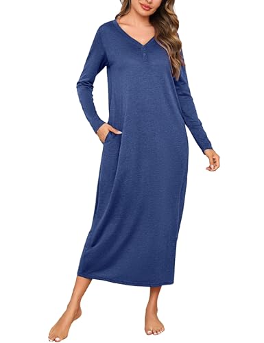 Leversic Nachthemd Damen lang Baumwolle mit Knopfleiste Nachtkleid Schlafshirt Langarm Winter Stillnachthemd Morgenmantel Maxikleid mit Taschen, 1017-Navy Blau, M von Leversic