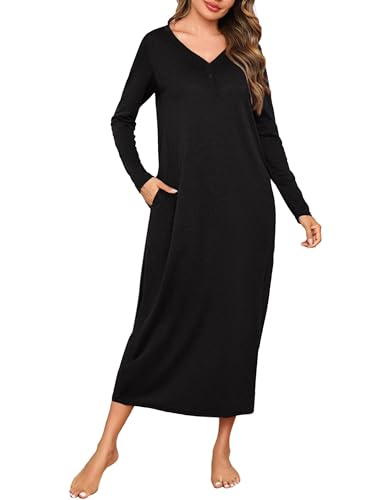 Leversic Nachthemd Damen lang Baumwolle mit Knopfleiste Nachtkleid Schlafshirt Langarm Winter Stillnachthemd Morgenmantel Maxikleid mit Taschen, 1017-Schwarz, L von Leversic