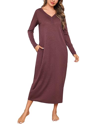 Leversic Nachthemd Damen lang Baumwolle mit Knopfleiste Nachtkleid Schlafshirt Langarm Winter Stillnachthemd Morgenmantel Maxikleid mit Taschen, 1017-Weinrot, M von Leversic