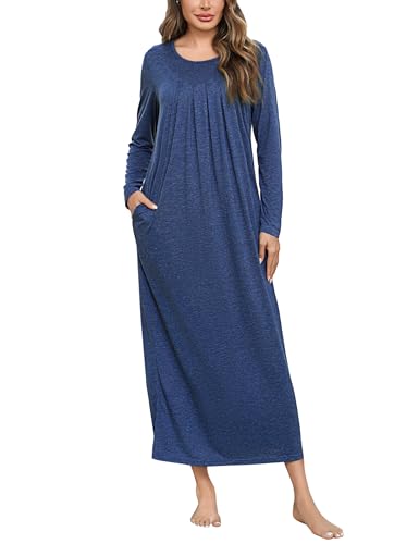 Leversic Nachthemden für Damen Schlafshirt Nachtkleid Baumwolle Nachthemd Damen Lang mit Rundhalsausschnitt und Plissierter Verzierung, Dunkelblau, XXL von Leversic