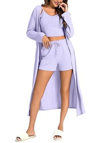 Leversic Pyjama Damen Set 3-teiliges Schlafanzug Damen Kurz Hausanzug Nachtwäsche Lounge Set, Cami Top & Kurzhose & Morgenmantel, 910-Lila, S von Leversic