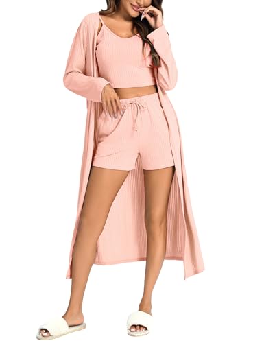 Leversic Pyjama Damen Set 3-teiliges Schlafanzug Damen Kurz Hausanzug Nachtwäsche Lounge set, Cami Top & Kurzhose & Morgenmantel, 910-Rosa, M von Leversic