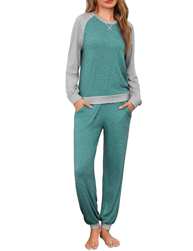 Leversic Schlafanzüge für Damen Lang Zweiteiliger Pyjama Set Baumwolle Raglanärmel Kontrastfarbenes Hausanzug Nachtwäsche, 1386-Seeblau, XXL von Leversic