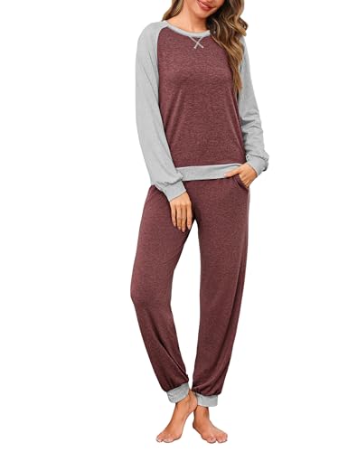 Leversic Schlafanzüge für Damen Lang Zweiteiliger Pyjama Set Baumwolle Raglanärmel Kontrastfarbenes Hausanzug Nachtwäsche, 1386-Weinrot, M von Leversic
