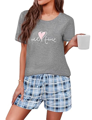Leversic Schlafanzug Damen Kurz Baumwolle, Sommer Zweiteiler Pyjama Damen Set Karierte Shorts und Oberteil mit Herzaufdruck, 1211-Grau, XXL von Leversic