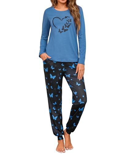 Leversic Schlafanzug Damen Lang Baumwolle Pyjama Set Zweiteilig Nachtwäsche mit Schmetterlingsdruck Winter Hausanzug Loungewear Rundhalsausschnitt, A-Blau+Schwarz, S von Leversic