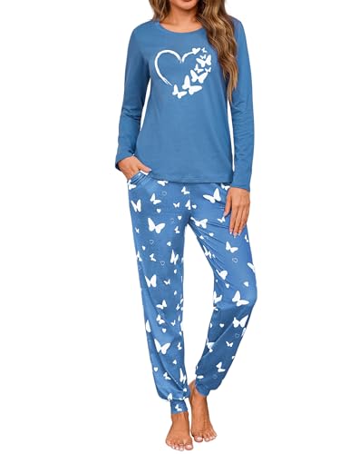 Leversic Schlafanzug Damen Lang Baumwolle Pyjama Set Zweiteilig Nachtwäsche mit Schmetterlingsdruck Winter Hausanzug Loungewear Rundhalsausschnitt, A-Blau, XL von Leversic