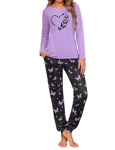 Leversic Schlafanzug Damen Lang Baumwolle Pyjama Set Zweiteilig Nachtwäsche mit Schmetterlingsdruck Winter Hausanzug Loungewear Rundhalsausschnitt, A-Lila, M von Leversic