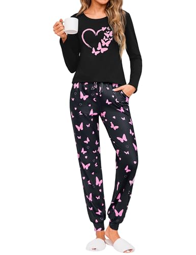 Leversic Schlafanzug Damen Lang Baumwolle Pyjama Set Zweiteilig Nachtwäsche mit Schmetterlingsdruck Winter Hausanzug Loungewear Rundhalsausschnitt, A-Schwarz, XXL von Leversic