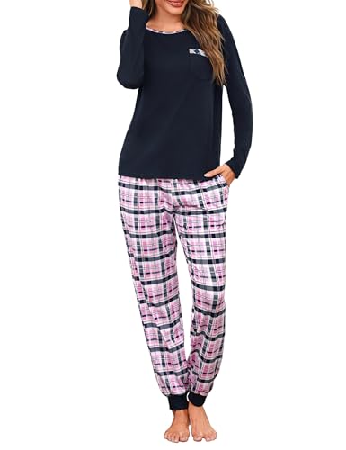 Leversic Schlafanzug Damen Lang Kariert Zweiteiliger Pyjama Set, Rundhals Oberteil und Schlafanzughose Loungewear Hausanzug Baumwolle Nachtwäsche, 1077-Navy, L von Leversic