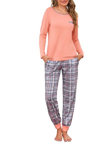 Leversic Schlafanzug Damen Lang Kariert Zweiteiliger Pyjama Set, Rundhals Oberteil und Schlafanzughose Loungewear Hausanzug Baumwolle Nachtwäsche, 1077-Orange, S von Leversic