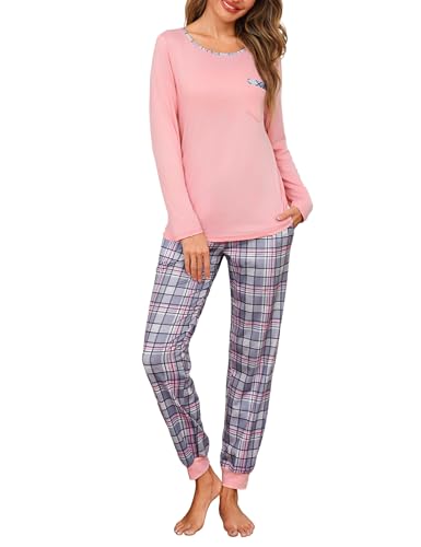 Leversic Schlafanzug Damen Lang Kariert Zweiteiliger Pyjama Set, Rundhals Oberteil und Schlafanzughose Loungewear Hausanzug Baumwolle Nachtwäsche, 1077-Rosa, S von Leversic