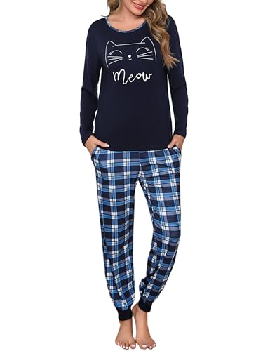 Leversic Schlafanzug Damen Lang Kariert Zweiteiliger Pyjama Set, Rundhals Oberteil und Schlafanzughose Loungewear Hausanzug Baumwolle Nachtwäsche, Blau, M von Leversic
