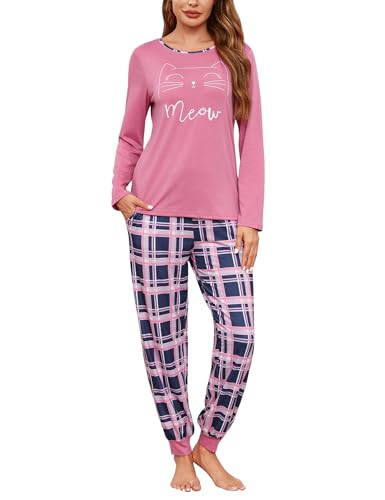 Leversic Schlafanzug Damen Lang Kariert Zweiteiliger Pyjama Set, Rundhals Oberteil und Schlafanzughose Loungewear Hausanzug Baumwolle Nachtwäsche, Rosa, XXL von Leversic