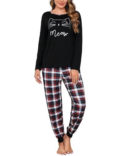 Leversic Schlafanzug Damen Lang Kariert Zweiteiliger Pyjama Set, Rundhals Oberteil und Schlafanzughose Loungewear Hausanzug Baumwolle Nachtwäsche, Schwarz, XL von Leversic