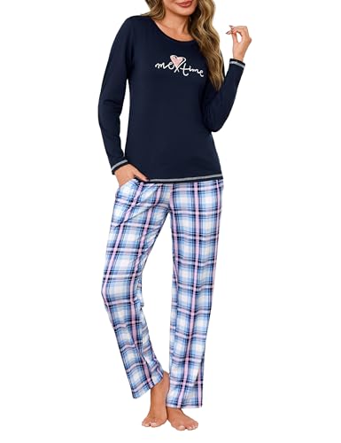Leversic Schlafanzug Damen Lang Zweiteiliger Pyjama Set Karierte Pyjamahose Baumwolle Winter Hausanzug Nachtwäsche, 1427-Dunkelblau, S von Leversic