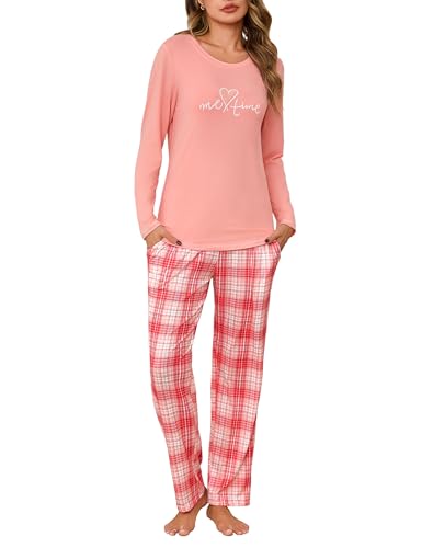 Leversic Schlafanzug Damen Lang Zweiteiliger Pyjama Set Karierte Pyjamahose Baumwolle Winter Hausanzug Nachtwäsche, 1427-Orange 2, S von Leversic