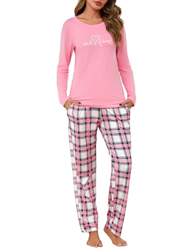 Leversic Schlafanzug Damen Lang Zweiteiliger Pyjama Set Karierte Pyjamahose Baumwolle Winter Hausanzug Nachtwäsche, 1427-Rosa, M von Leversic