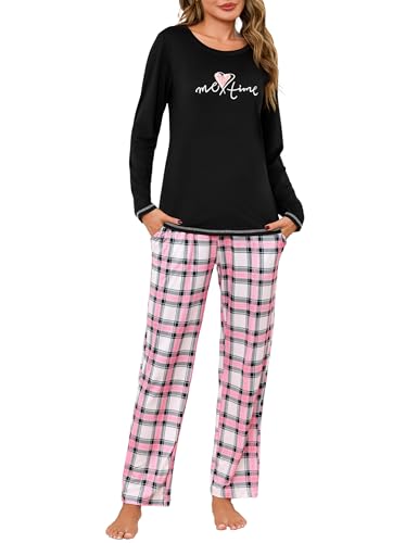 Leversic Schlafanzug Damen Lang Zweiteiliger Pyjama Set Karierte Pyjamahose Baumwolle Winter Hausanzug Nachtwäsche, 1427-Schwarz, M von Leversic