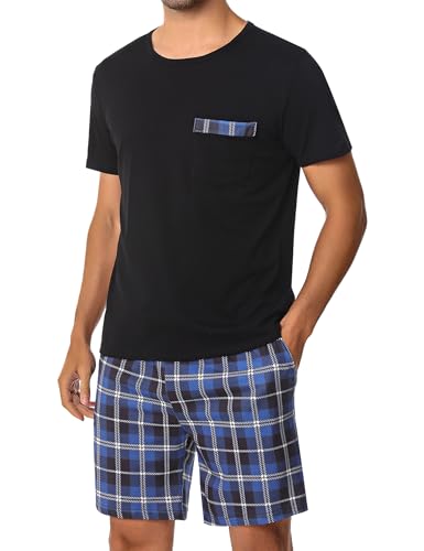 Leversic Schlafanzug Herren Kurz aus Baumwolle mit Kontraststreifen Design, Sommer Pyjama Set Oberteile und Kurze Hosen, Vater und Partner, 1257-Blau, M von Leversic