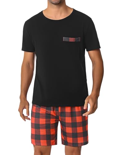 Leversic Schlafanzug Herren Kurz aus Baumwolle mit Kontraststreifen Design, Sommer Pyjama Set Oberteile und Kurze Hosen, Vater und Partner, 1257-Rot, XL von Leversic