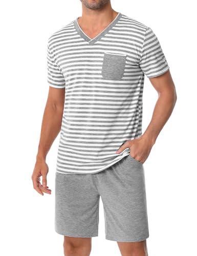 Leversic Schlafanzug Herren Kurz aus Baumwolle mit Kontraststreifen Design, Sommer Pyjama Set Oberteile und Kurze Hosen, Vater und Partner, 206-Grau, L von Leversic