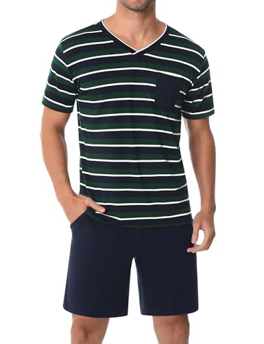 Leversic Schlafanzug Herren Kurz aus Baumwolle mit Kontraststreifen Design, Sommer Pyjama Set Oberteile und Kurze Hosen, Vater und Partner, 206-Grün, L von Leversic