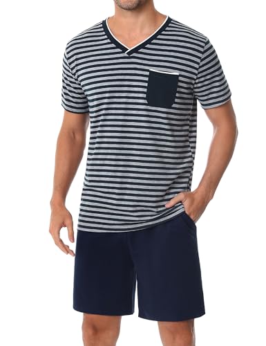 Leversic Schlafanzug Herren Kurz aus Baumwolle mit Kontraststreifen Design, Sommer Pyjama Set Oberteile und Kurze Hosen, Vater und Partner, 206-Navy Blau, M von Leversic