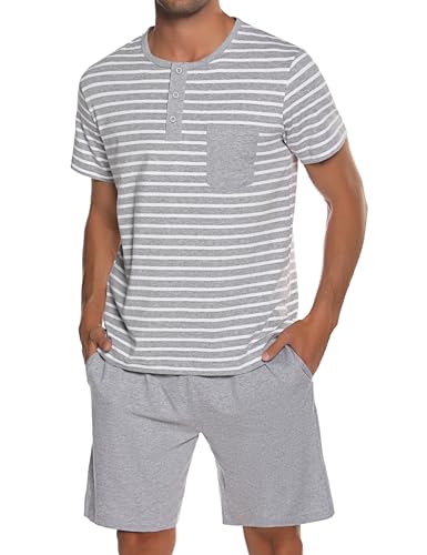 Leversic Schlafanzug Herren Kurz aus Baumwolle mit Kontraststreifen Design, Sommer Pyjama Set Oberteile und Kurze Hosen, Vater und Partner, Grau, M von Leversic