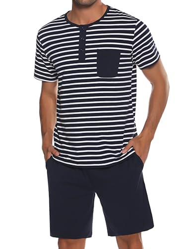 Leversic Schlafanzug Herren Kurz aus Baumwolle mit Kontraststreifen Design, Sommer Pyjama Set Oberteile und Kurze Hosen, Vater und Partner, Navy blau, L von Leversic