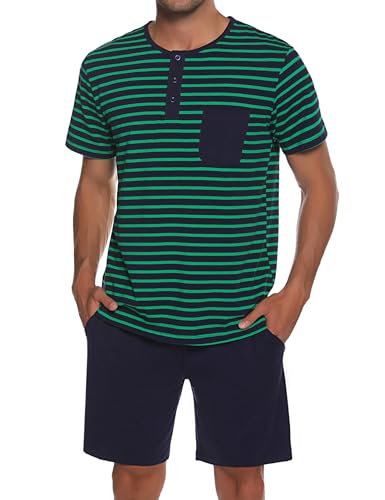 Leversic Schlafanzug Herren Kurz aus Baumwolle mit Kontraststreifen Design, Sommer Pyjama Set Oberteile und Kurze Hosen für Vater und Partner, 205-Grün, 4XL Leversic Schlafanzug Herren Kurz aus Baumwolle mit Kontraststreifen Design, Sommer Pyjama Set Oberteile und Kurze Hosen für Vater und Partner, 205-Grün, 4XL von Leversic