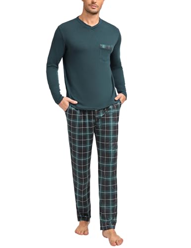 Leversic Schlafanzug Herren Lang Baumwolle mit V-Ausschnitt und Lange Karierte Pyjamahose, Loungewear Sleepwear Pyjama Herren Langarm S-3XL, 271-Grün, 3XL von Leversic
